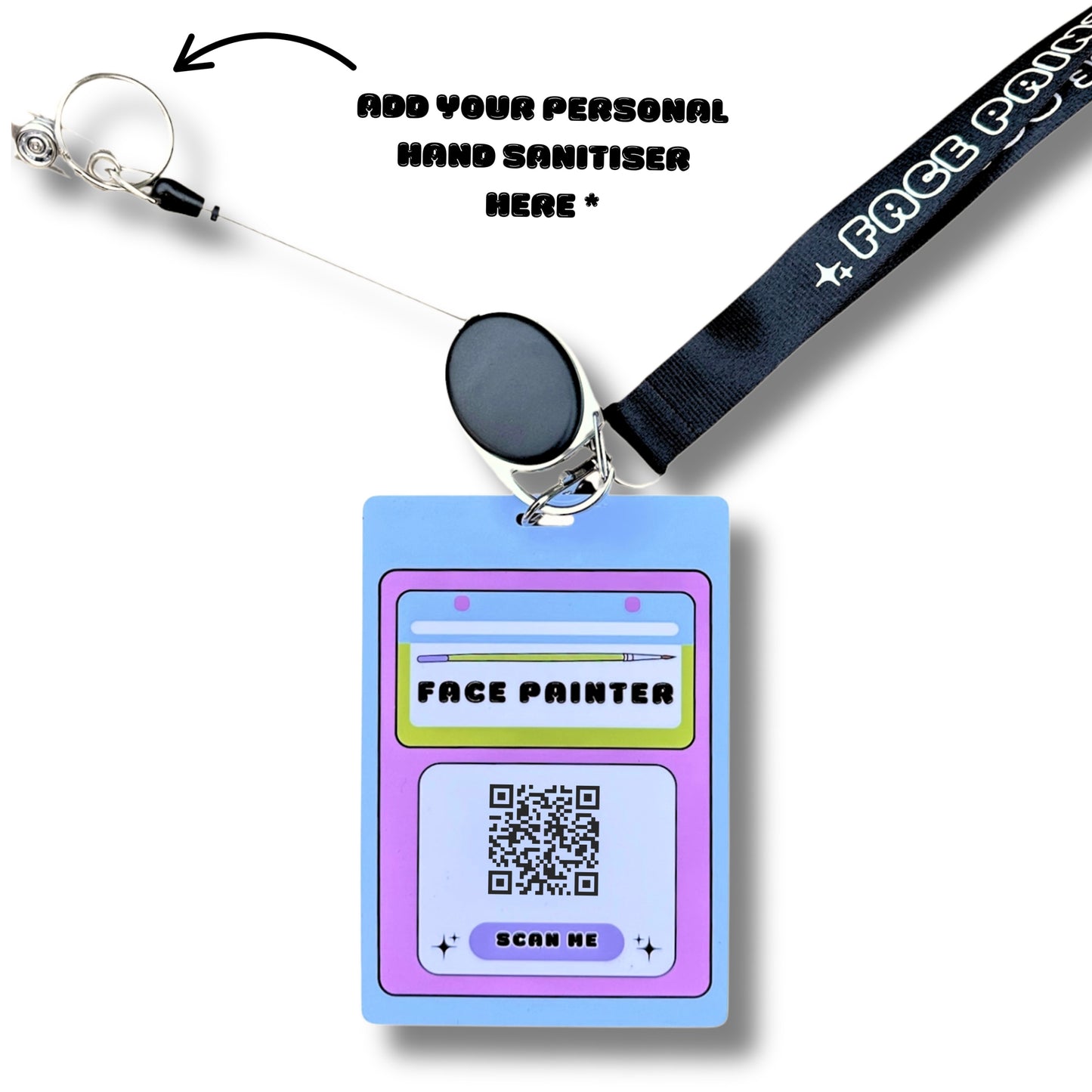 FACE PAINTER: Lanyard, Sanitiser Zip Clip & QR Code Plaque